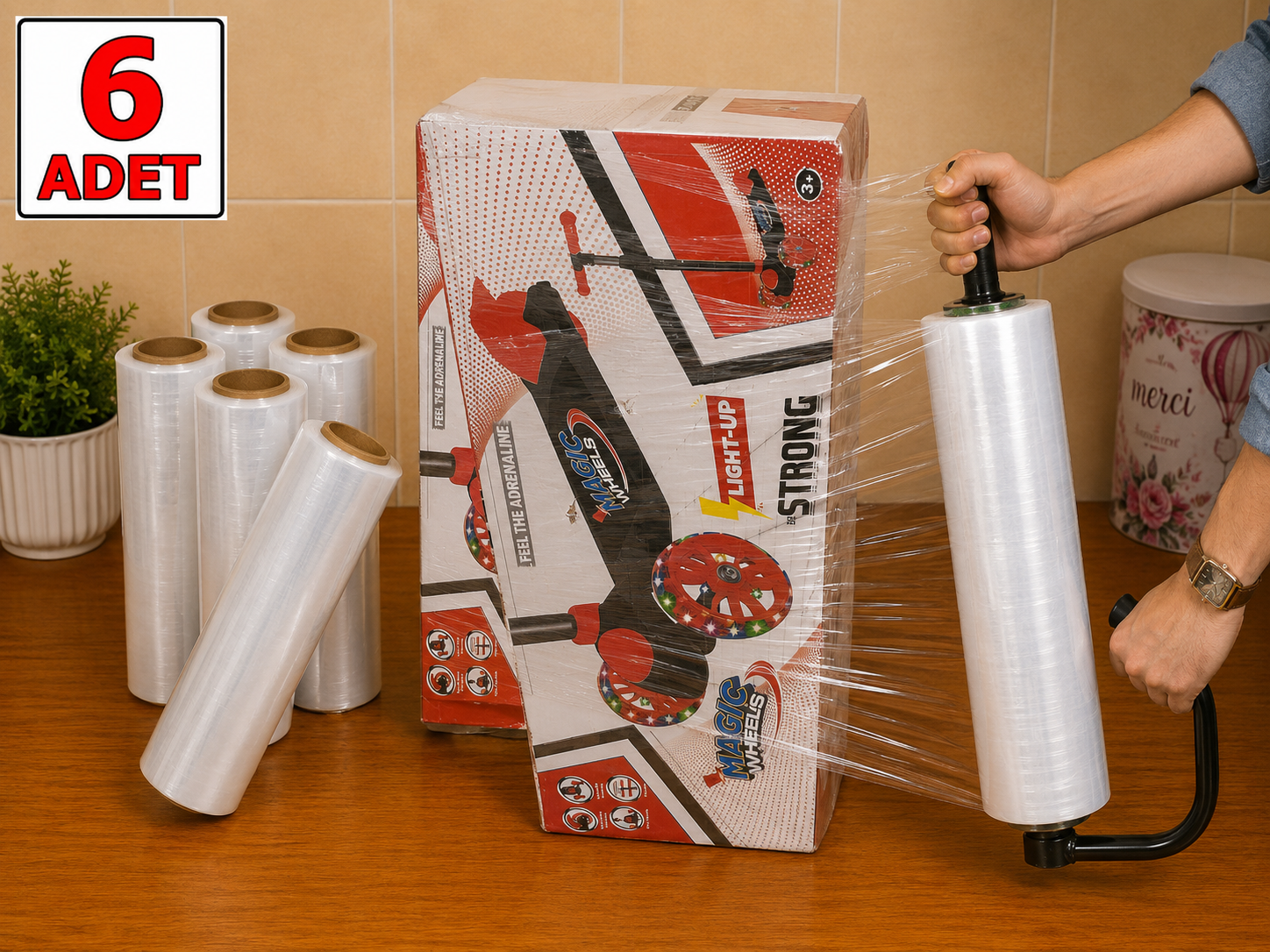 BBPLASTİKAMBALAJ 6 Adet 17 Mikron 50cmx200mt El Tipi Paketleme Ve Palet Streci (NET 200 METRE) görsel 2