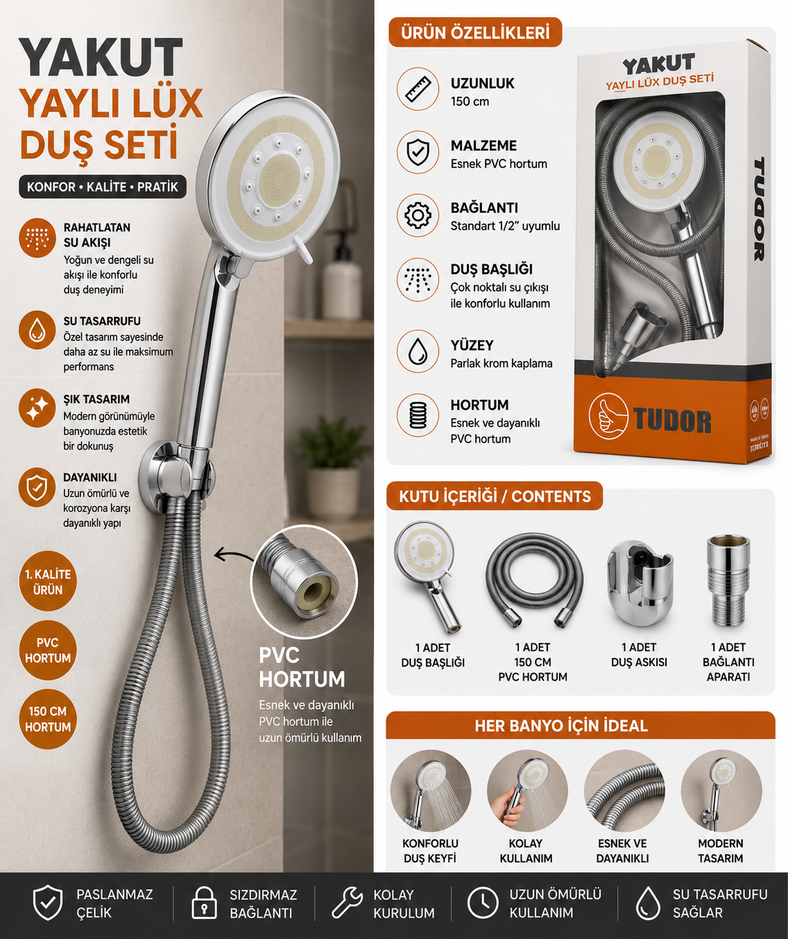 YAKUT Yaylı Duş Seti Duş Başlığı Uyumlu  Duş Hortumu 1,5 Metre Universal Esnek Dayanıklı Krom Bağlantılı Hortum görsel 1
