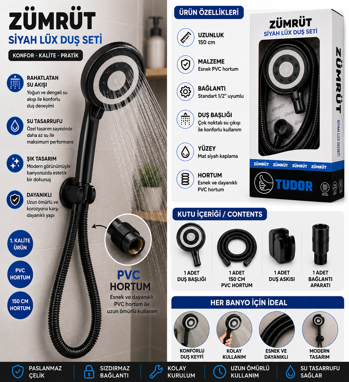 ZÜMRÜT Siyah Duş Seti Duş Başlığı Uyumlu Çelik  Duş Hortumu 1,5 Metre Universal Esnek Dayanıklı Krom Bağlantılı Hortum görsel 2