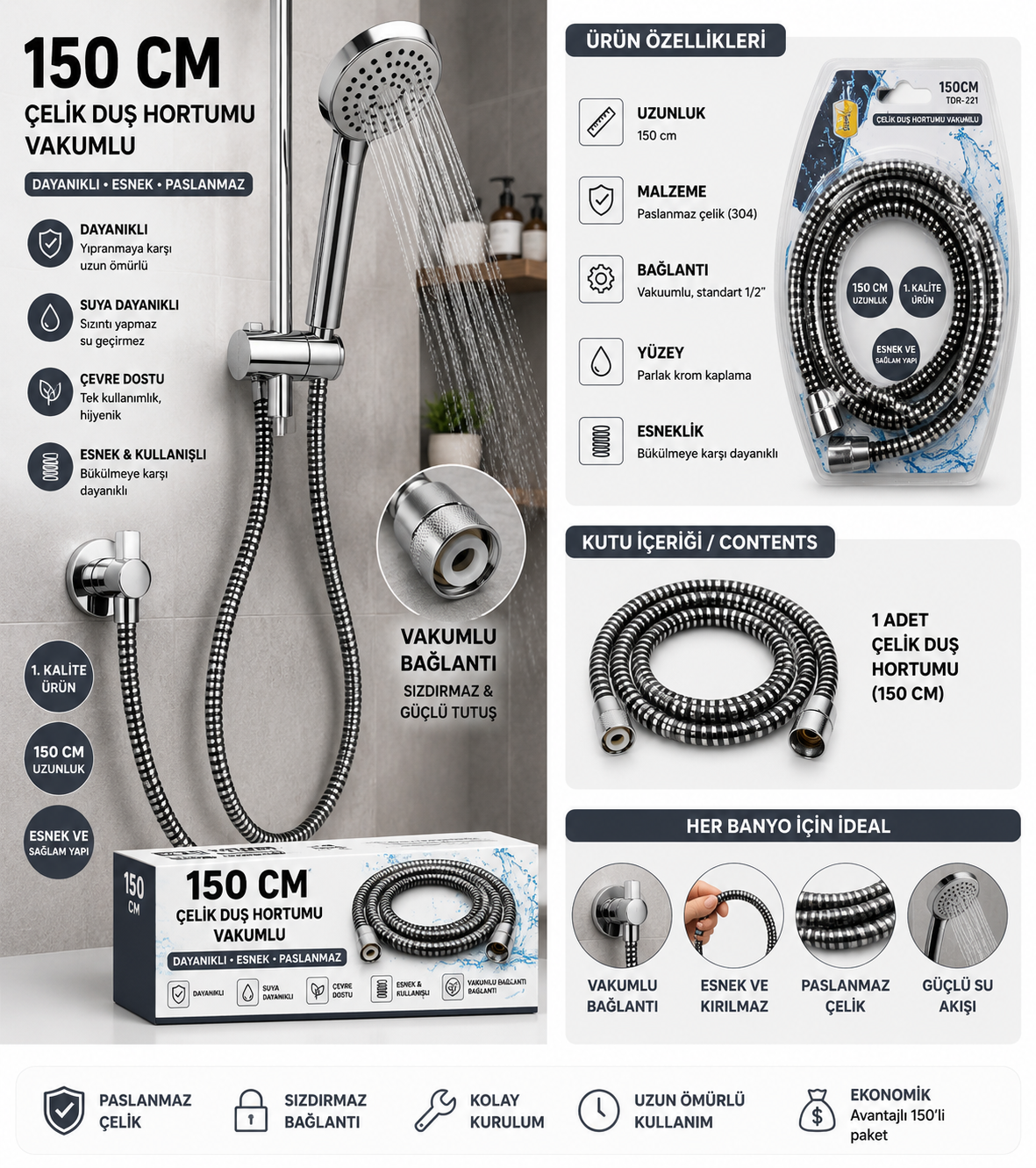 EVİLOHOME Duş Başlığı Uyumlu Siyah PVC Duş Hortumu 1,5 Metre Universal Esnek Dayanıklı Krom Bağlantılı Hortum görsel 1