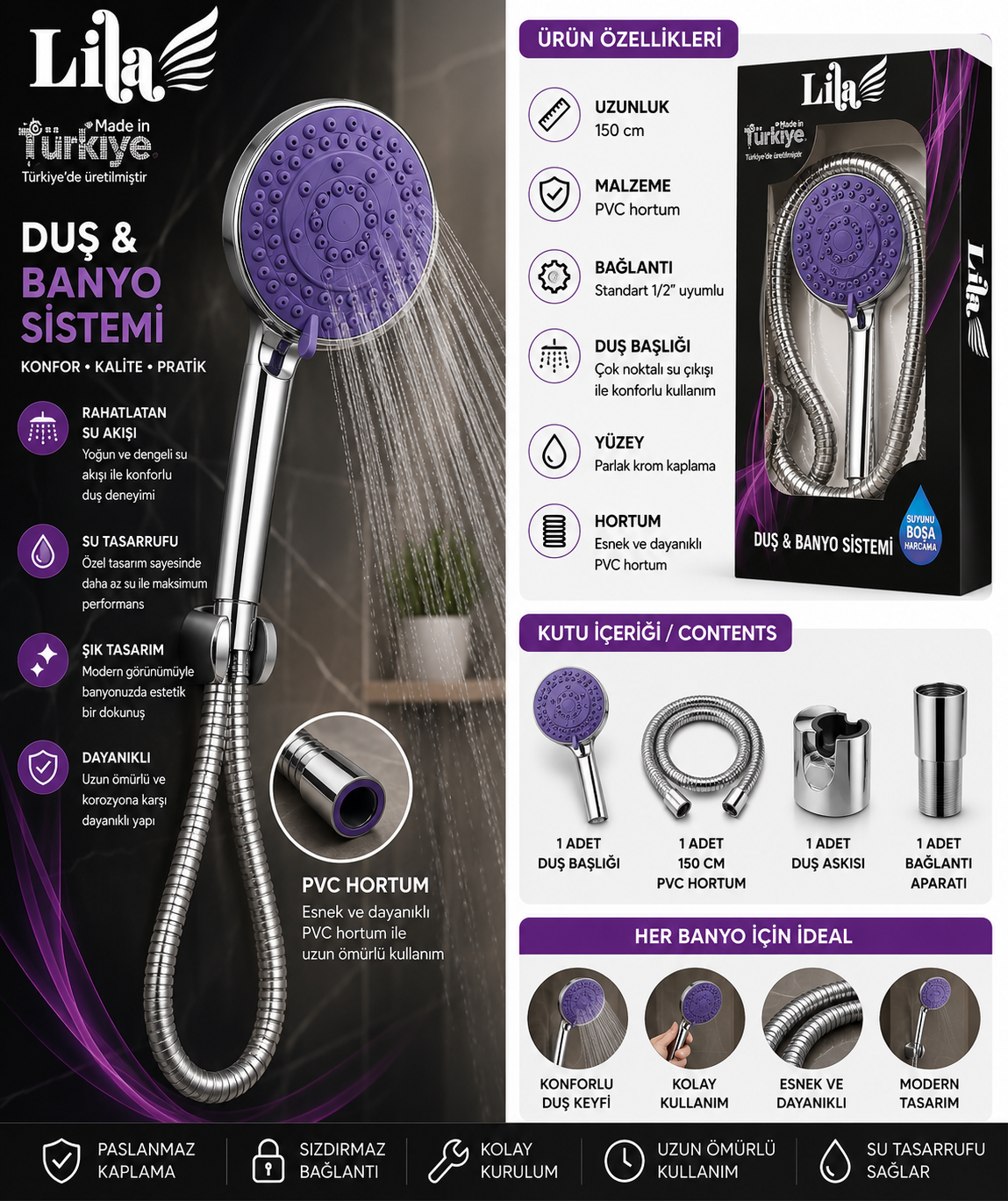 LİLA Duş Banyo Sistemi Duş Başlığı Uyumlu  Çelik Duş Hortumu 1,5 Metre Universal Esnek Dayanıklı Krom Bağlantılı Hortum görsel 1