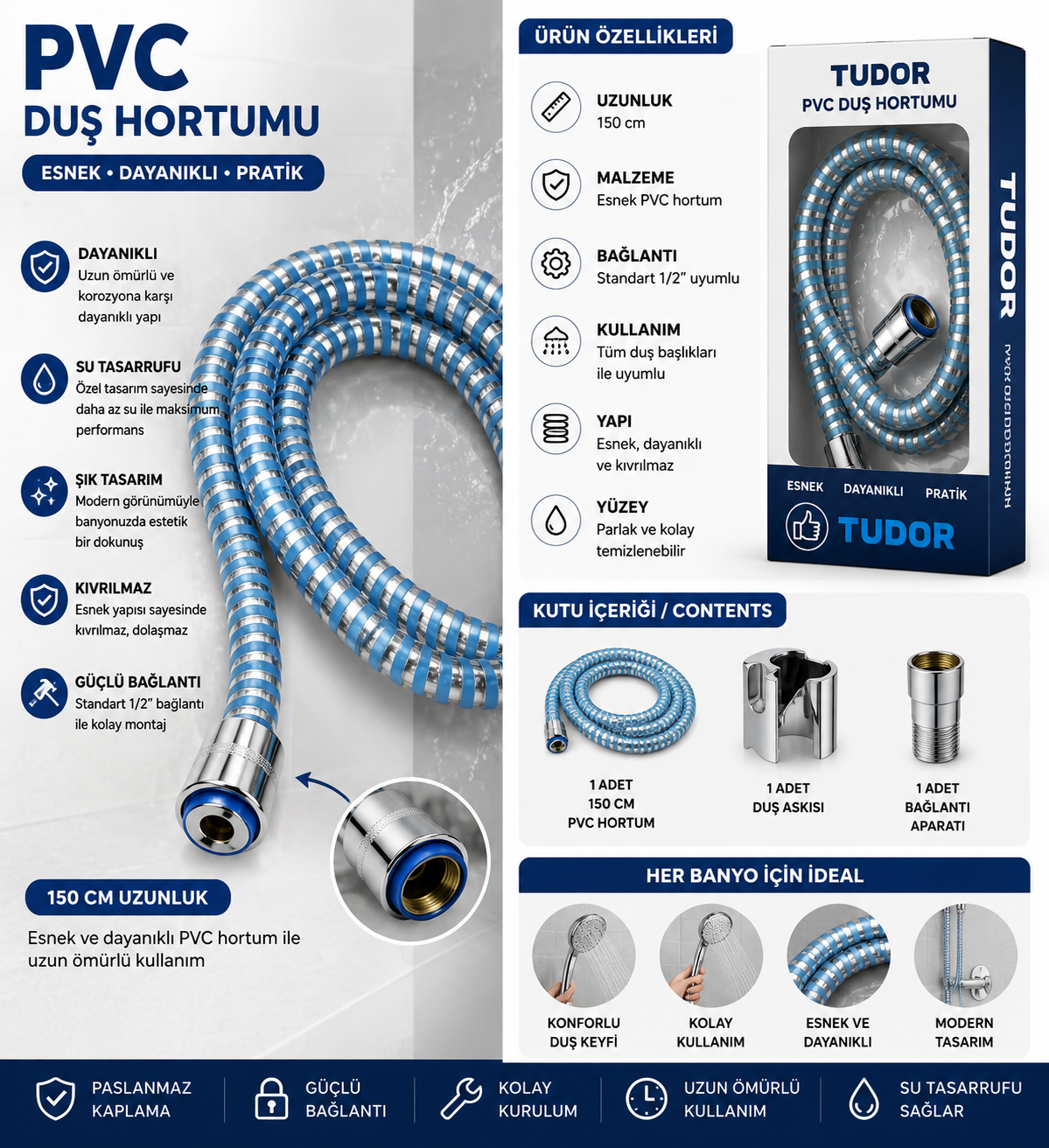 EVİLOHOME Duş Başlığı Uyumlu Açık Mavi Çizgili  PVC Duş Hortumu 1,5 Metre Universal Esnek Dayanıklı Krom Bağlantılı Hortum görsel 1