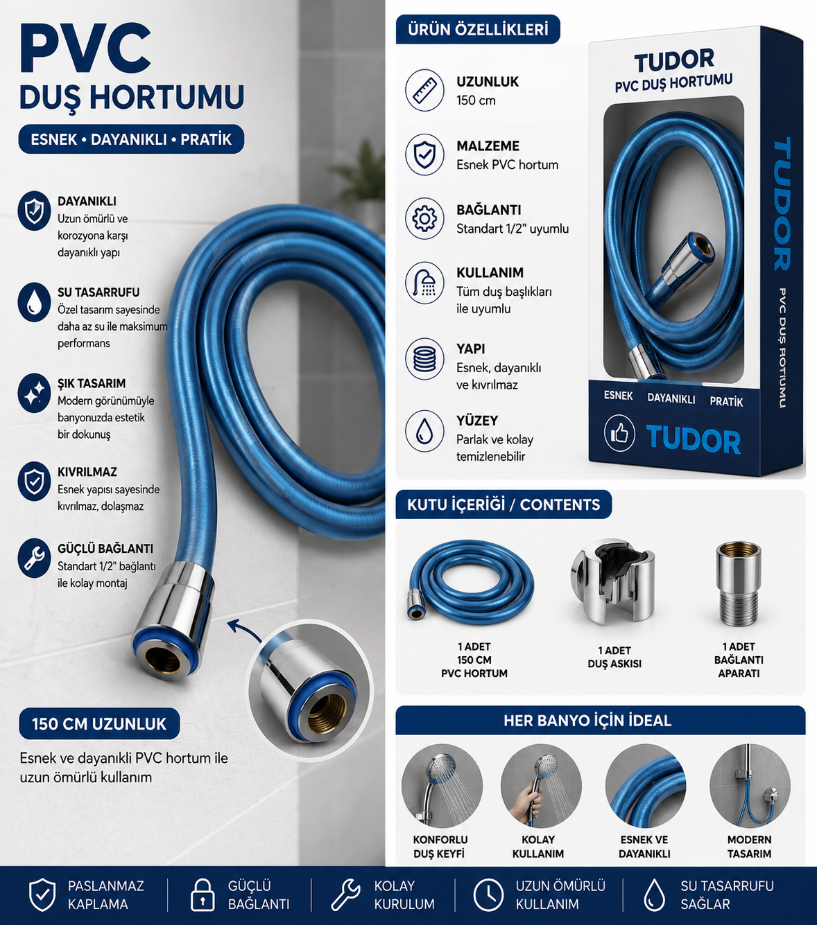 EVİLOHOME Duş Başlığı Uyumlu Mavi PVC Duş Hortumu 1,5 Metre Universal Esnek Dayanıklı Krom Bağlantılı Hortum görsel 1