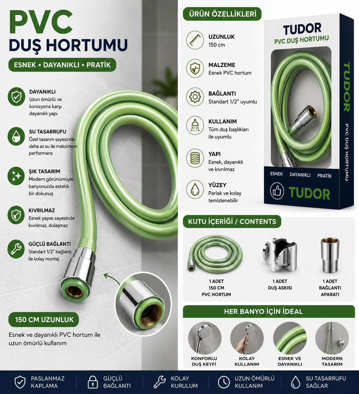 EVİLOHOME Duş Başlığı Uyumlu Yeşil PVC Duş Hortumu 1,5 Metre Universal Esnek Dayanıklı Krom Bağlantılı Hortum görsel 1