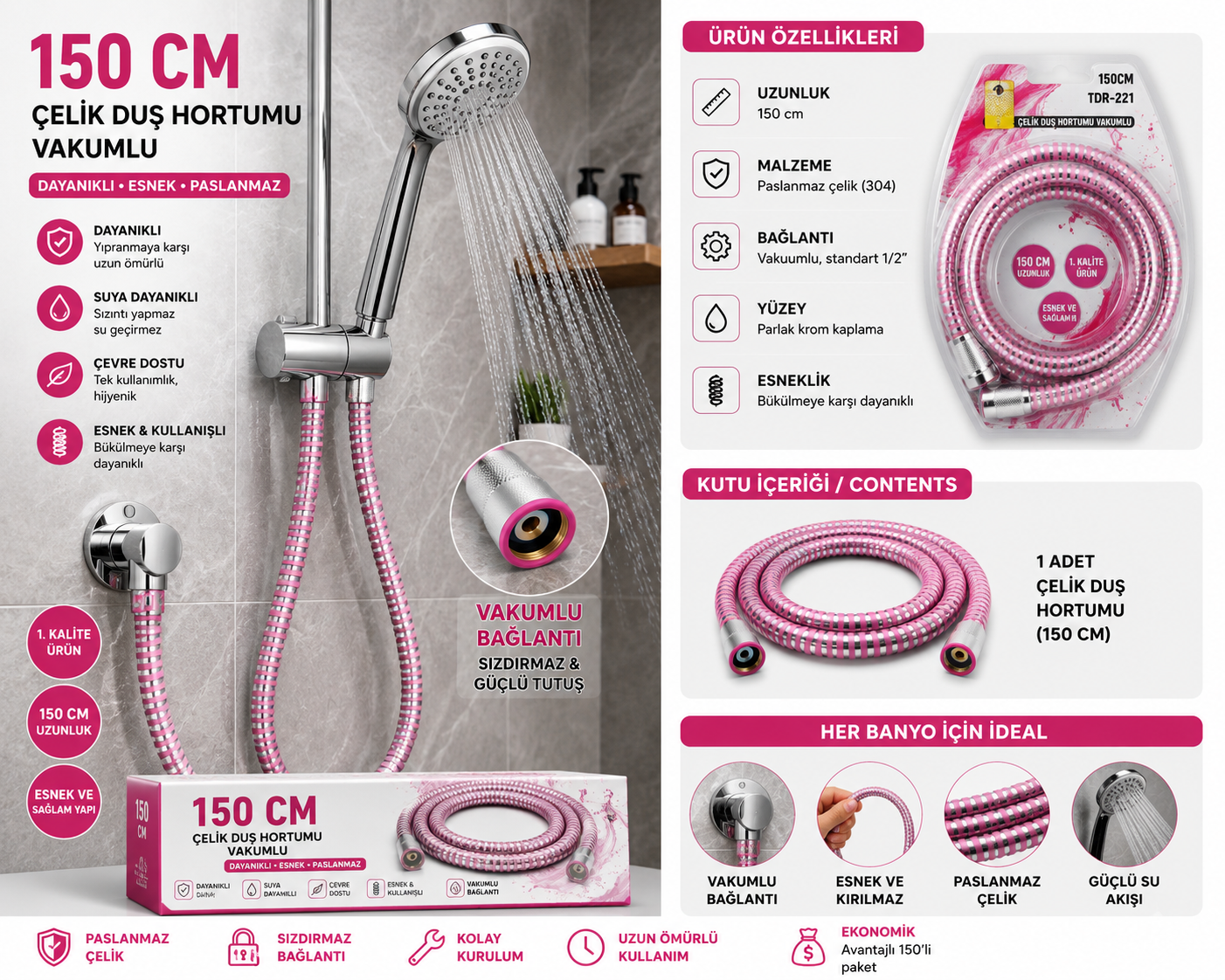 EVİLOHOME Duş Başlığı Uyumlu Pembe PVC Duş Hortumu 1,5 Metre Universal Esnek Dayanıklı Krom Bağlantılı Hortum görsel 1